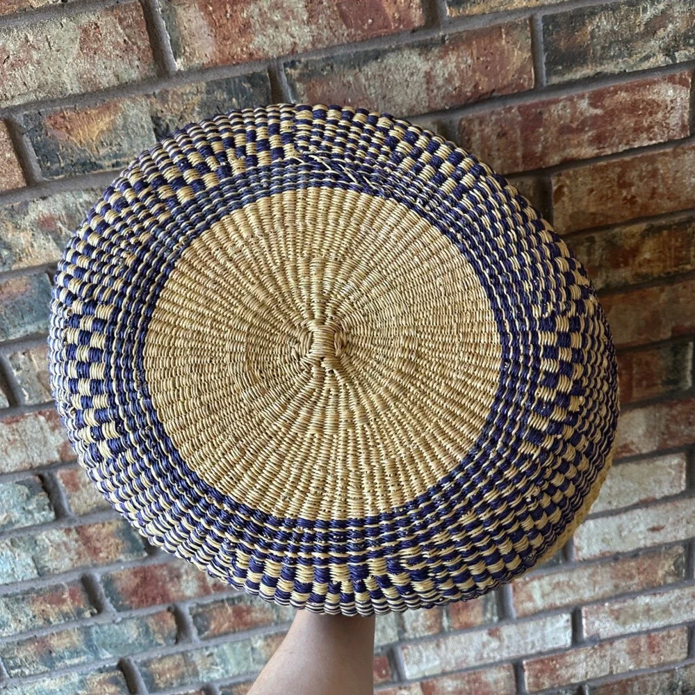 Handmade Woven Bolga Market Basket Purple Natural Straw Leather Handle
